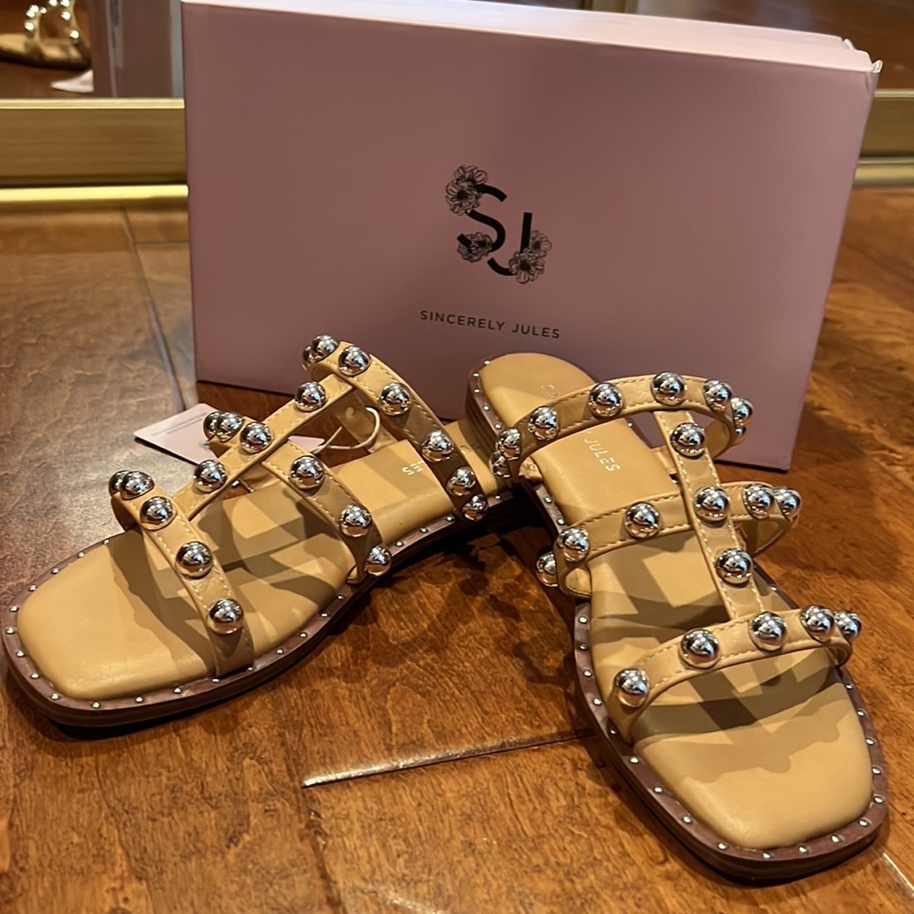 Sincerely Jules Ventura Tan Studded Gladiator Sandals Silver Ball Tan Slides 7.5 - Picture 7 of 17